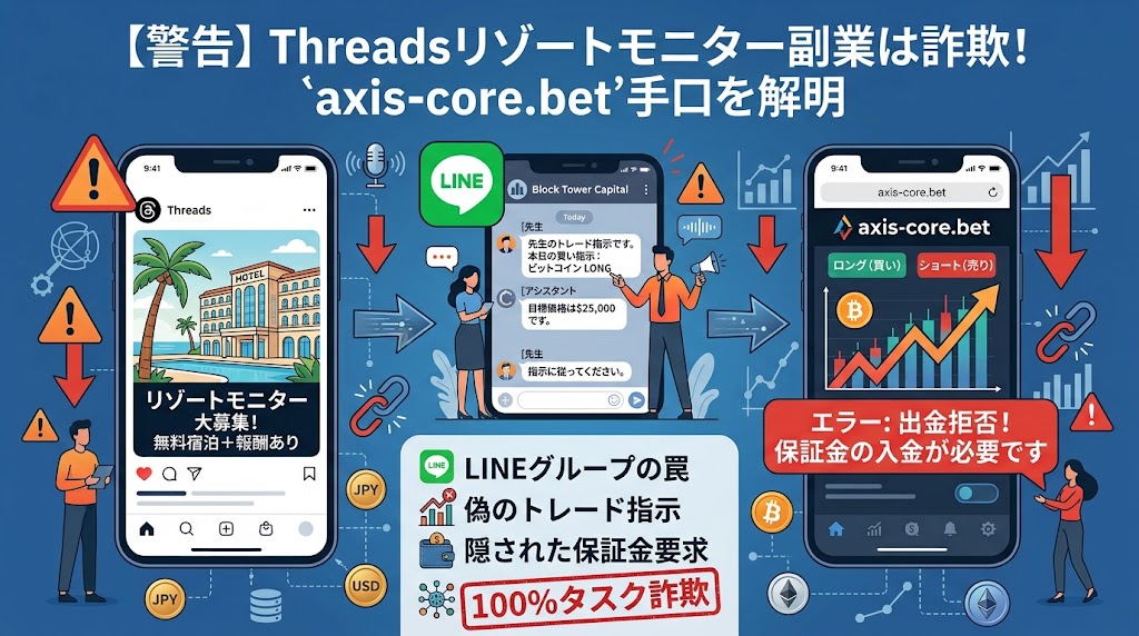 【注意喚起】Threadsリゾートモニター副業は詐欺?axis-core.betのカラクリを解説